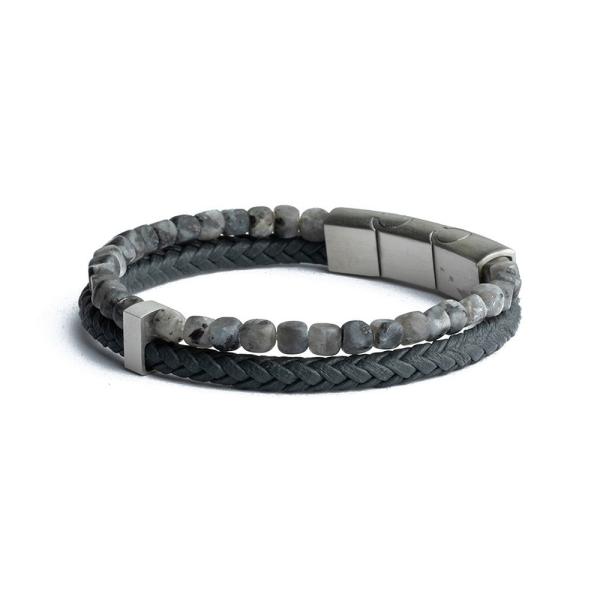 Doppelarmband mit italienischem Leder und 4 mm Larvikit-Stein - Double Grey